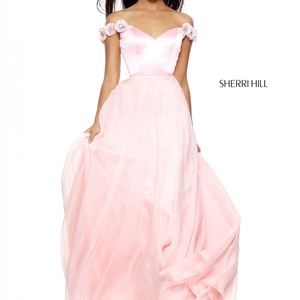 Sherri Hill Pink Off-Shoulder Floral Applique Prom Gown